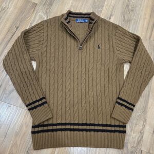 Polo by Ralph Lauren Men's Brown Cable Knit Quarter Zip-up Sweater